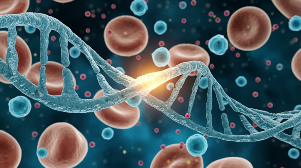Illustrazione ravvicinata e fotorealistica di un filamento di elica del DNA con un segmento specifico luminoso (che rappresenta la mutazione del gene TET2), ambientata su uno sfondo di cellule immunitarie astratte che interagiscono, alto dettaglio, messa a fuoco precisa.