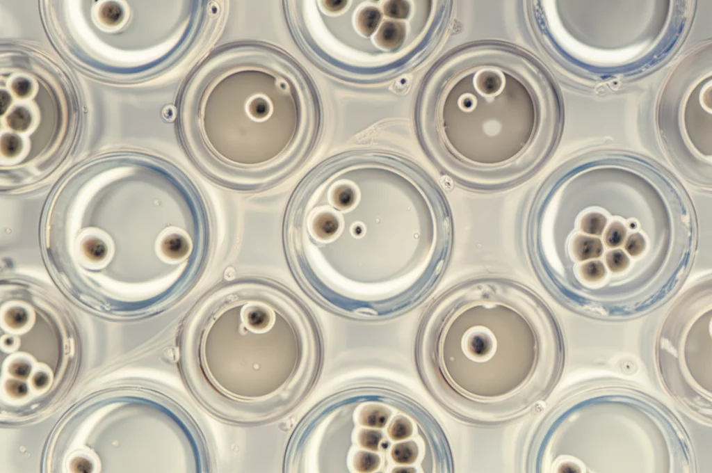 Immagine macro fotorealistica di colture cellulari 3D sferoidali di meningioma che fluttuano in un idrogel trasparente all'interno di una piastra multi-pozzetto da laboratorio. Obiettivo macro 100mm, illuminazione controllata da laboratorio, alta definizione dei dettagli delle sfere cellulari, leggera profondità di campo per mettere a fuoco le sfere centrali.