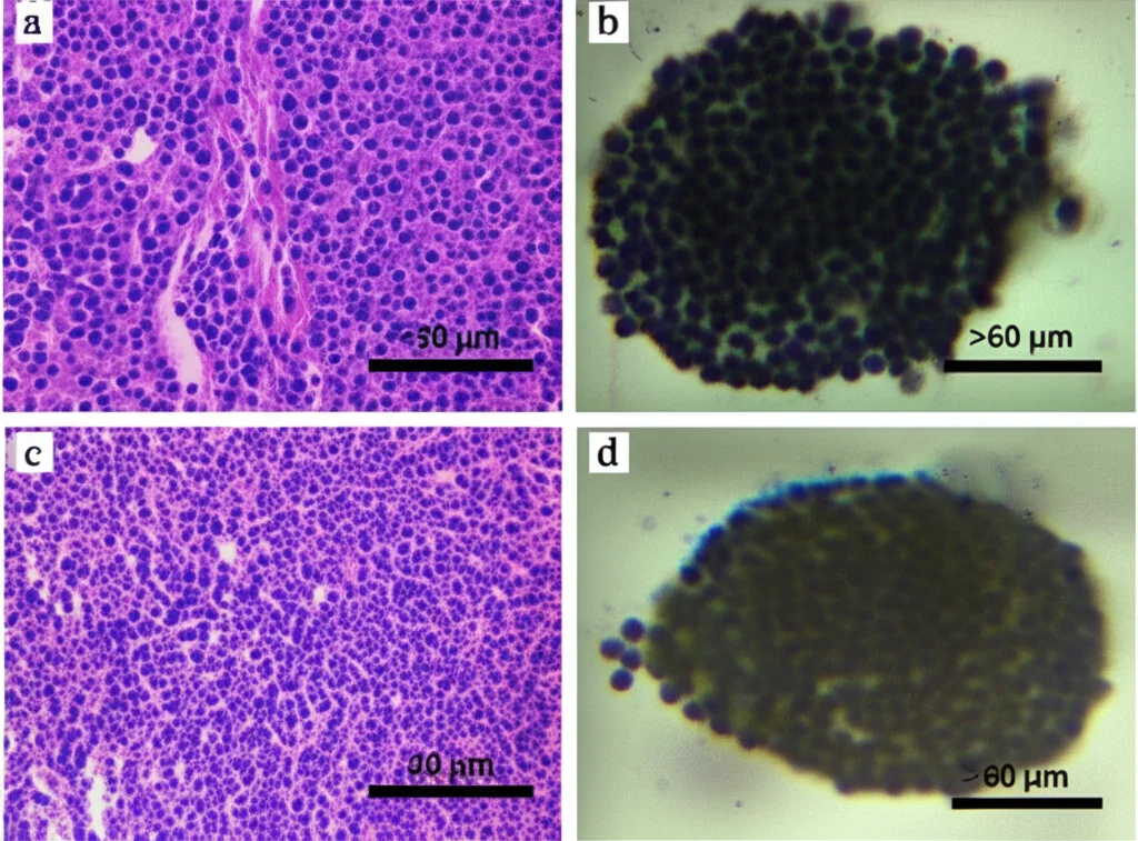 Microscopia fotorealistica a confronto: a sinistra, sezione istologica di un tumore meningioma primario con cellule organizzate; al centro, coltura 2D piatta di cellule di meningioma; a destra, sferoide 3D di meningioma con struttura tridimensionale. Illuminazione da campo chiaro, obiettivo 40x, alta risoluzione per distinguere la morfologia cellulare e l'organizzazione tissutale (o la sua assenza).