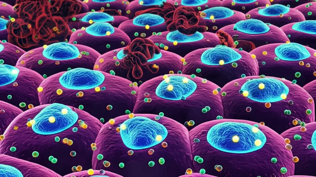 Rappresentazione fotorealistica di cellule immunitarie (come macrofagi e cellule T) che rilasciano particelle luminose (che rappresentano citochine come IL-6, IL-1β) vicino alle cellule follicolari tiroidee, suggerendo infiammazione, obiettivo macro, 70mm, illuminazione controllata.