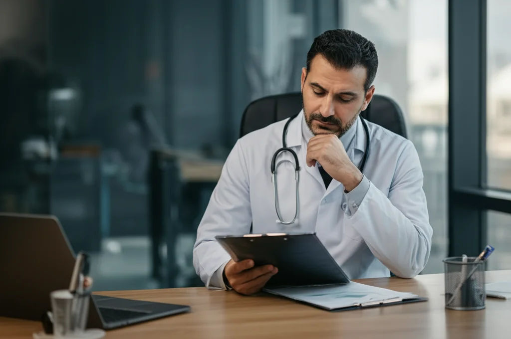 Ritratto di un medico siriano pensieroso che esamina una cartella clinica in un ospedale moderno, luce naturale dalla finestra, 35mm portrait, depth of field, colori tenui.