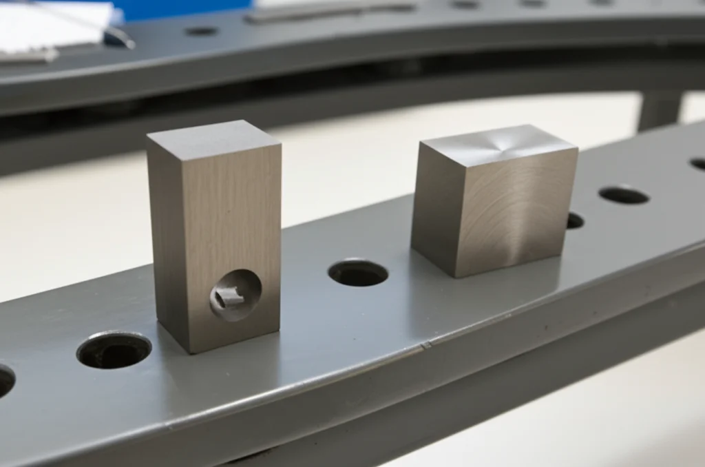 Lenti macro, 85 mm, dettagli elevati, illuminazione controllata, che mostra un piccolo campione di trazione metallico con precisione per applicazioni nucleari accanto a uno di dimensioni standard su una panchina di laboratorio metallico, evidenziando la differenza di scala.