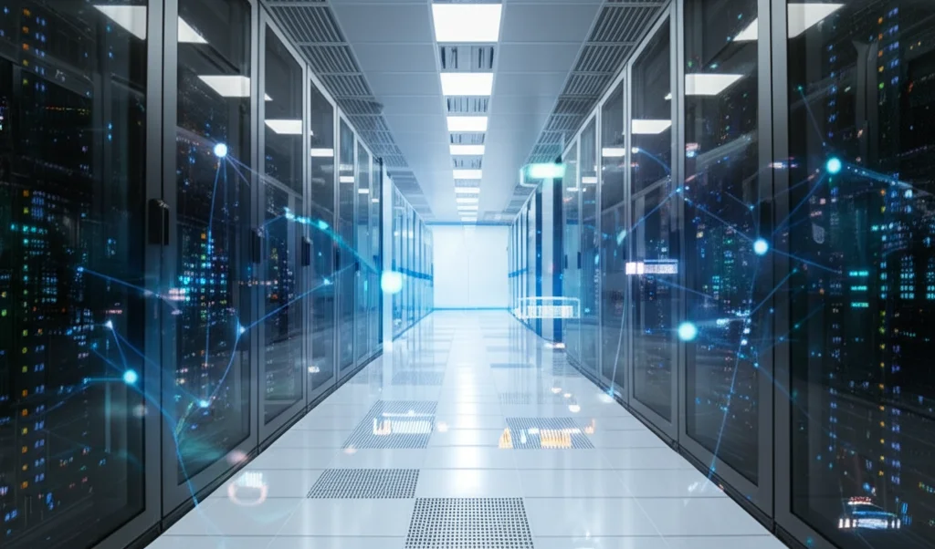 Grande angolo, 15 mm, focus acuto, una sala server moderna intensamente illuminata con file di rack di computer luminosi che rappresentano l'elaborazione dei big data per l'apprendimento automatico, con diagrammi di rete neurale luminosi e astratti sovrapposti.