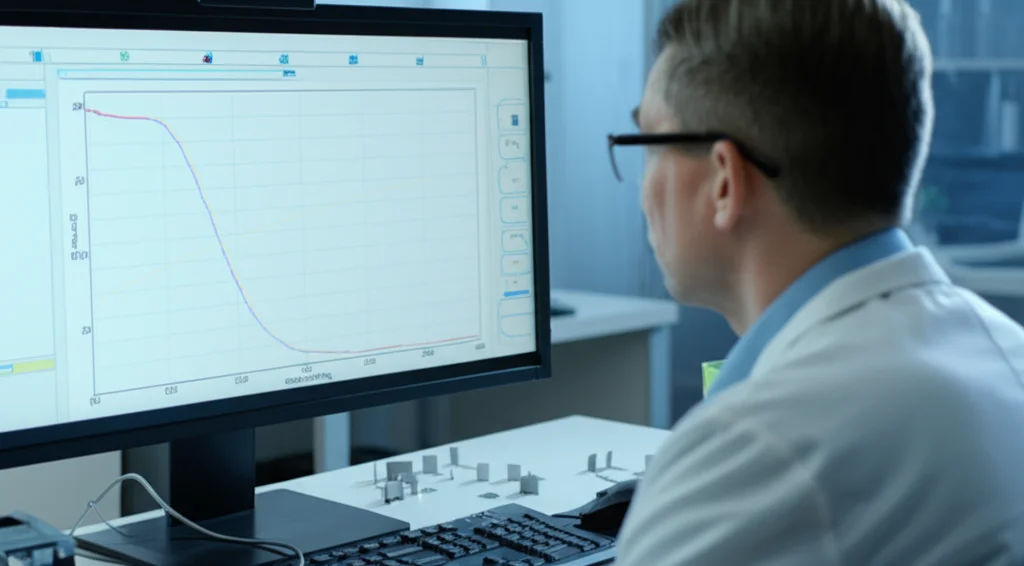 Lence Prime, 50 mm, profondità di campo, uno scienziato dei materiali in una manna da laboratorio che esamina con cura i dati di curva a deformazione da stress complessi visualizzati su un grande monitor di computer, con vari piccoli campioni di trazione metallica visibili sul banco di lavoro accanto alla tastiera.