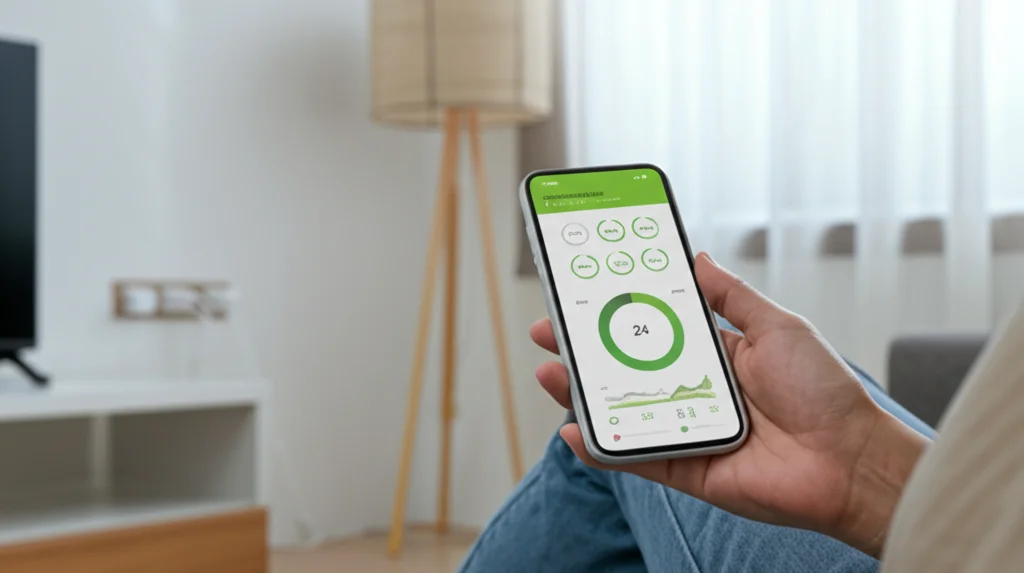 Scatto grandangolare, obiettivo da 24 mm, catturando un soggiorno moderno e luminoso. Una persona è comodamente seduta su un divano, con in mano uno smartphone che mostra un'app colorata di consumo di energia con grafici e figure. Sullo sfondo, sottili tappi intelligenti sono visibili nelle prese a parete collegate a una lampada e una TV. La luce del giorno naturale flussi attraverso la finestra, focalizzazione forte in tutta la scena.