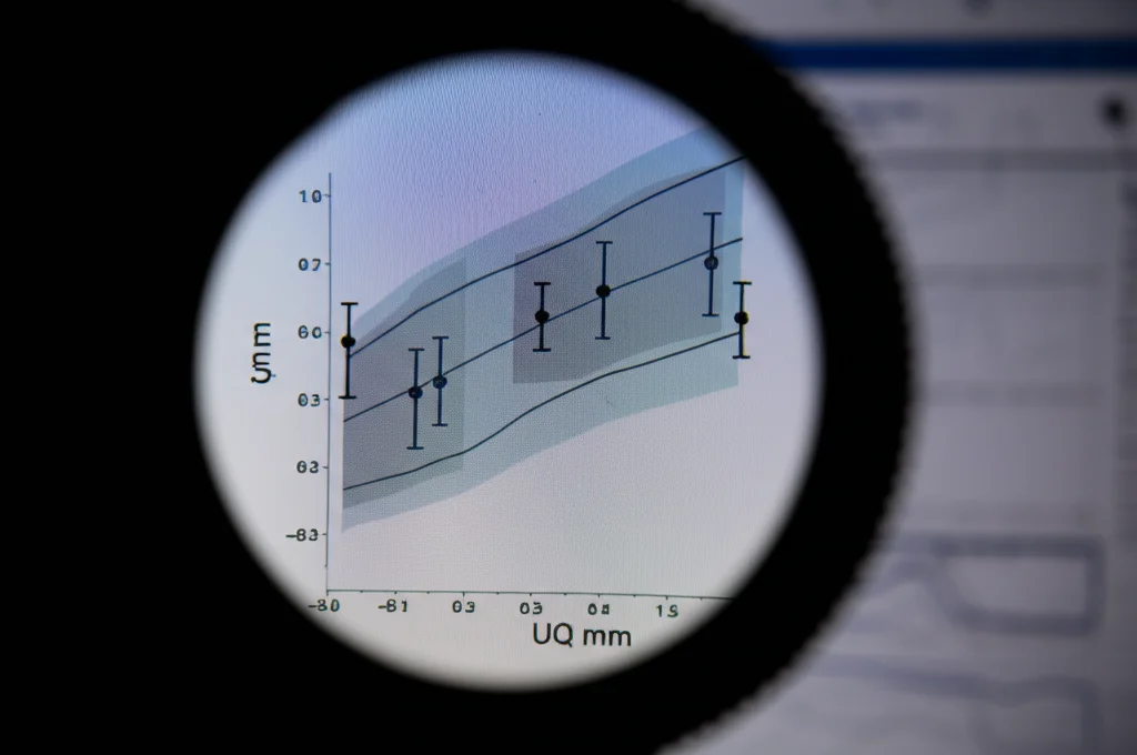 Lenti macro, 100 mm, concentrazione precisa, primo piano su un grafico scientifico complesso visualizzato su uno schermo, che mostra punti dati con bande di intervalli di confidenza ombreggiati che rappresentano i risultati della quantificazione dell'incertezza (UQ).