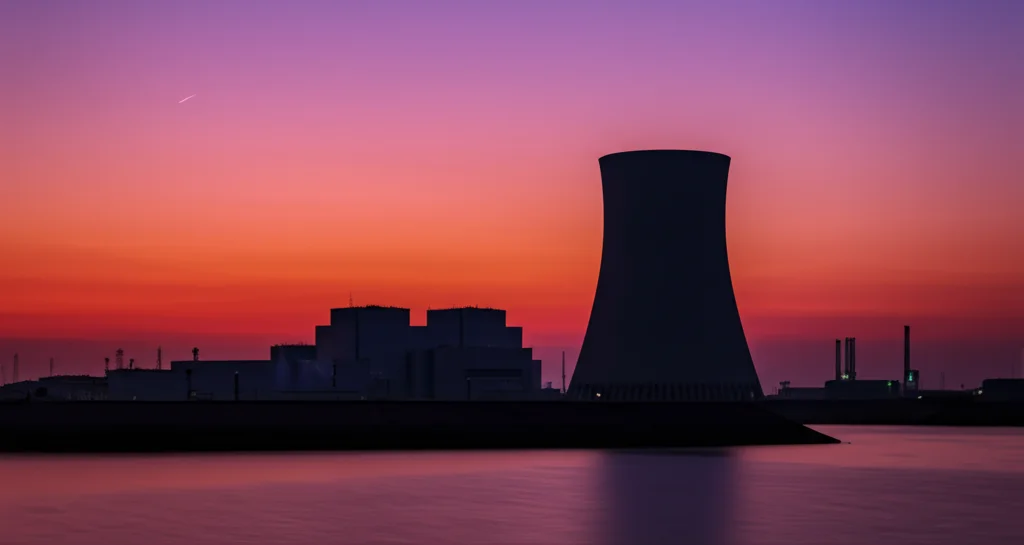 Angolo largo, 20 mm, lunga esposizione, effetto nuvole lisce, una silhouette di un futuristico edificio di contenimento del reattore nucleare contro un'alba vibrante, che simboleggia i futuri progressi, la sicurezza e la comprensione nella scienza dei materiali nucleari.