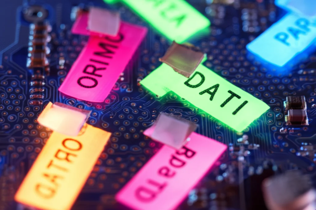 Primo piano macro di etichette dati colorate e luminose attaccate a circuiti elettronici complessi, illuminazione controllata e precisa, alta definizione, obiettivo macro 100mm, per rappresentare il processo dettagliato e potenzialmente distorto dell'etichettatura dei dati nella data science.