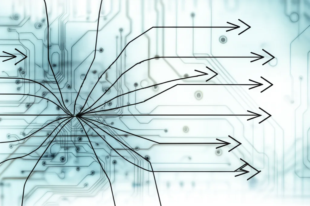 Immagine concettuale astratta che mostra frecce luminose e intricate che collegano nodi rappresentanti variabili (X, Y, Z), alcune frecce sono spezzate o deviate da ombre, su uno sfondo scuro e tecnologico, stile film noir, obiettivo grandangolare 24mm, per illustrare la complessità e le potenziali distorsioni dell'inferenza causale e del bias di endogeneità.