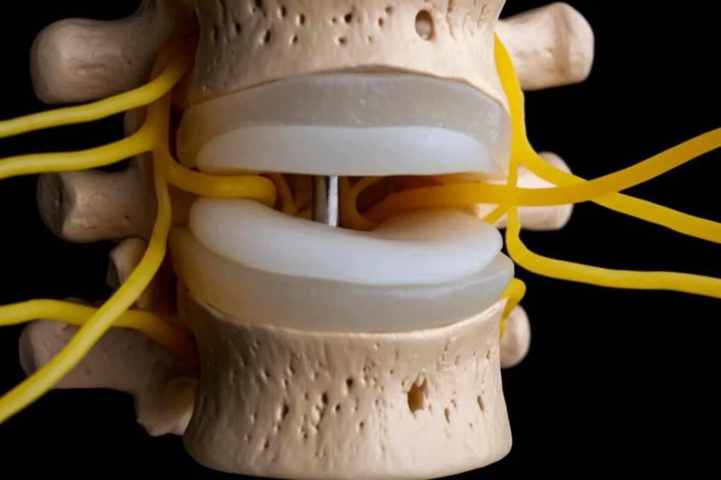 Immagine macro ad alta definizione di un modello anatomico della colonna vertebrale lombare che mostra la stenosi del canale spinale, illuminazione controllata, focus preciso sui nervi compressi, obiettivo macro 100mm.