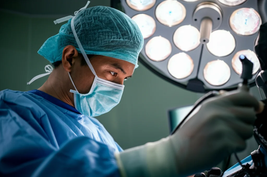 Fotografia in stile reportage medico, teleobiettivo 200mm, che mostra un chirurgo concentrato durante una procedura endoscopica spinale minimamente invasiva (UBE), tracciamento del movimento degli strumenti, luce operatoria focalizzata.