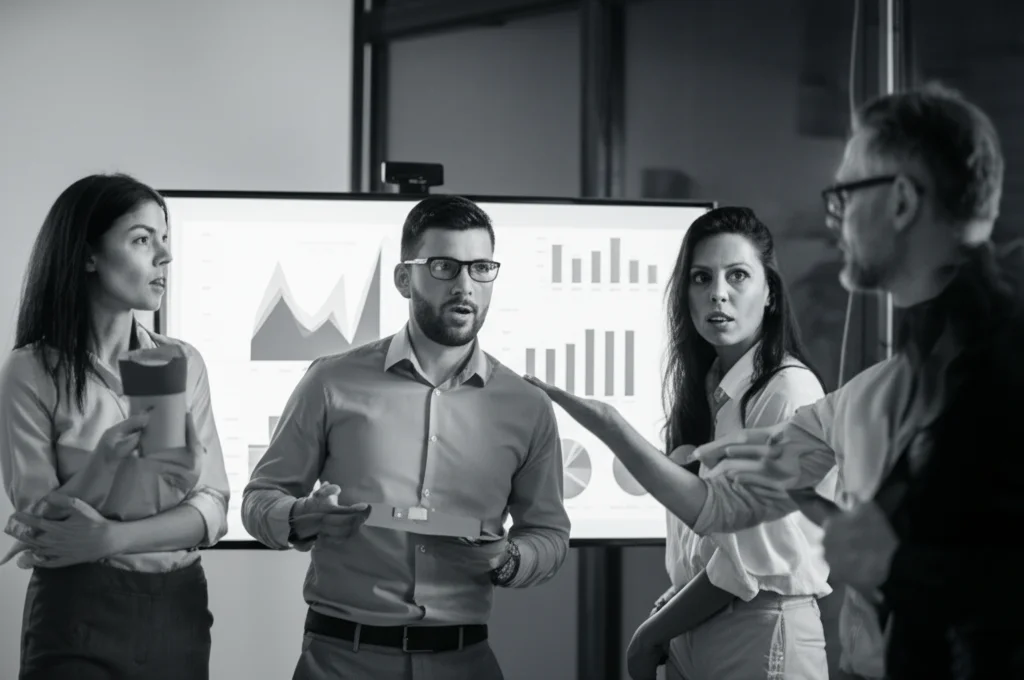 Ritratto di un gruppo eterogeneo di persone (data scientist, manager) che discutono animatamente davanti a uno schermo con grafici e visualizzazioni di dati complessi, alcuni con espressioni concentrate, altri dubbiose. Illuminazione da ufficio moderna, profondità di campo che sfoca lo sfondo, obiettivo 35mm, bianco e nero per enfatizzare le espressioni, rappresentando la sfida dell'interpretazione collettiva dei risultati e i bias cognitivi.