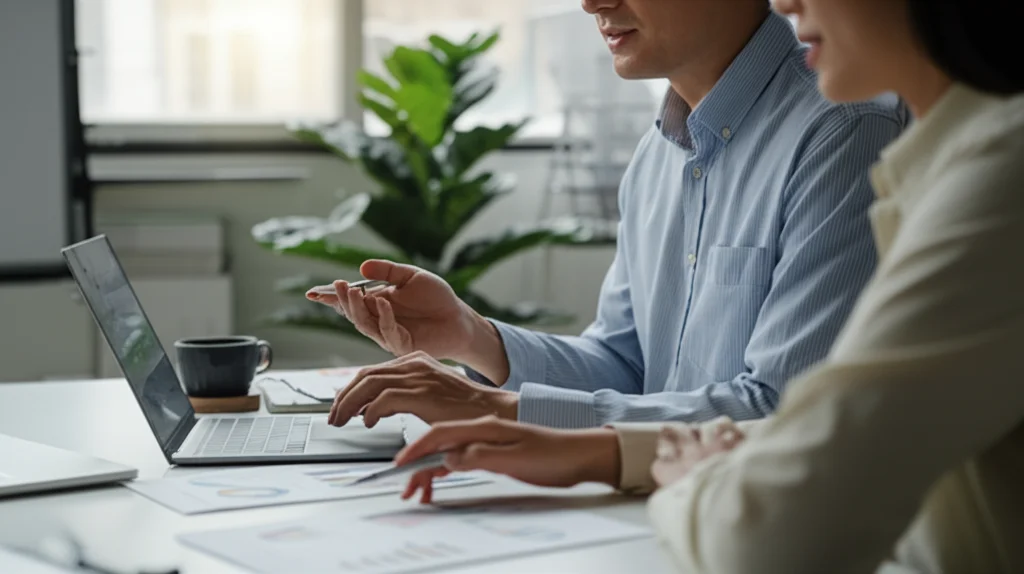Fotografia di un terapista che discute con un collega in un ufficio moderno, guardando dati su un laptop, luce naturale, obiettivo zoom 24-70mm, profondità di campo che sfoca leggermente lo sfondo, atmosfera collaborativa.
