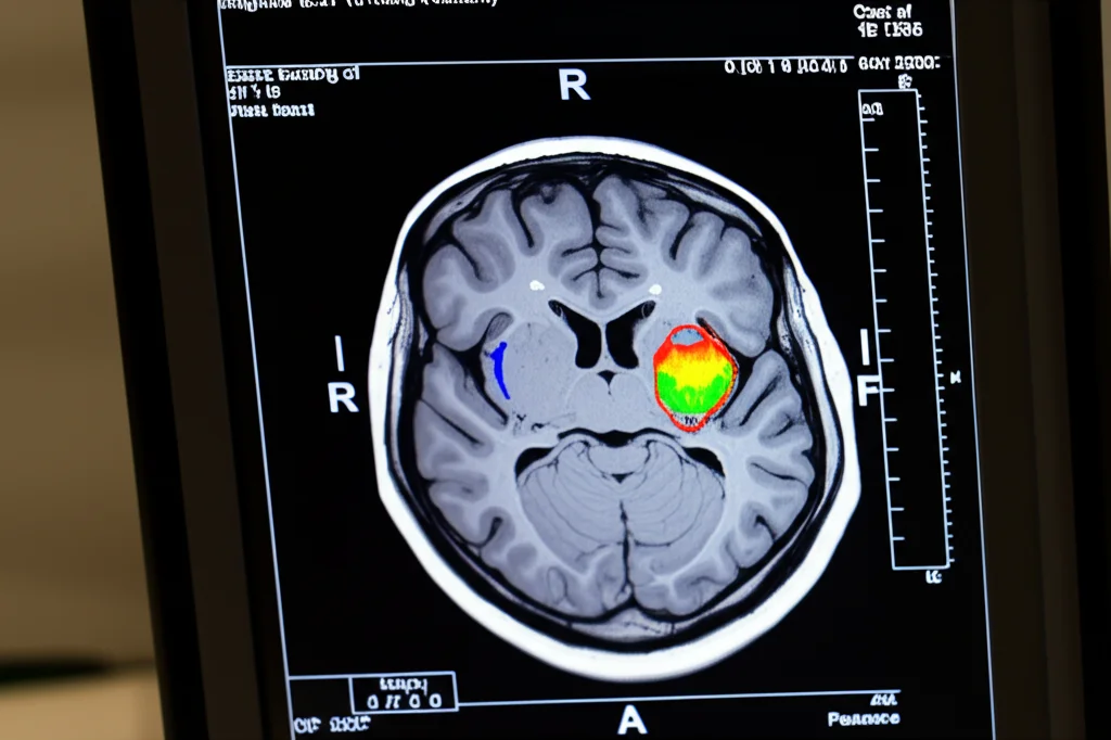 Immagine MRI 3T ad alta risoluzione del cervello di un bambino visualizzata su uno schermo medico. Evidenziazione grafica delle aree con differenze di volume significative (es. cervelletto, gangli della base, pars triangularis) tra gruppi di bambini con stunting e senza. Illuminazione da laboratorio, dettagli nitidi delle strutture cerebrali.