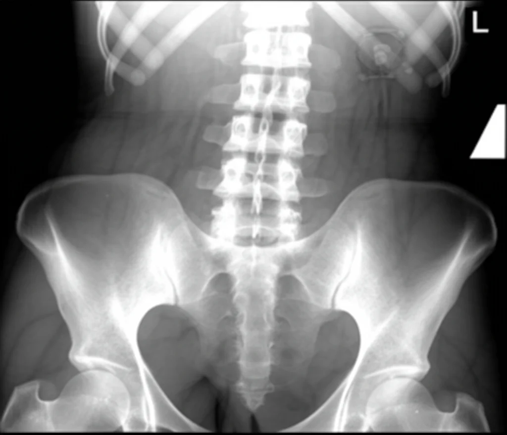 Radiografia dinamica laterale della colonna lombare in flesso-estensione, obiettivo grandangolare 24mm, messa a fuoco nitida sulle vertebre L4-L5, che illustra la misurazione del range di movimento segmentale (SROM).
