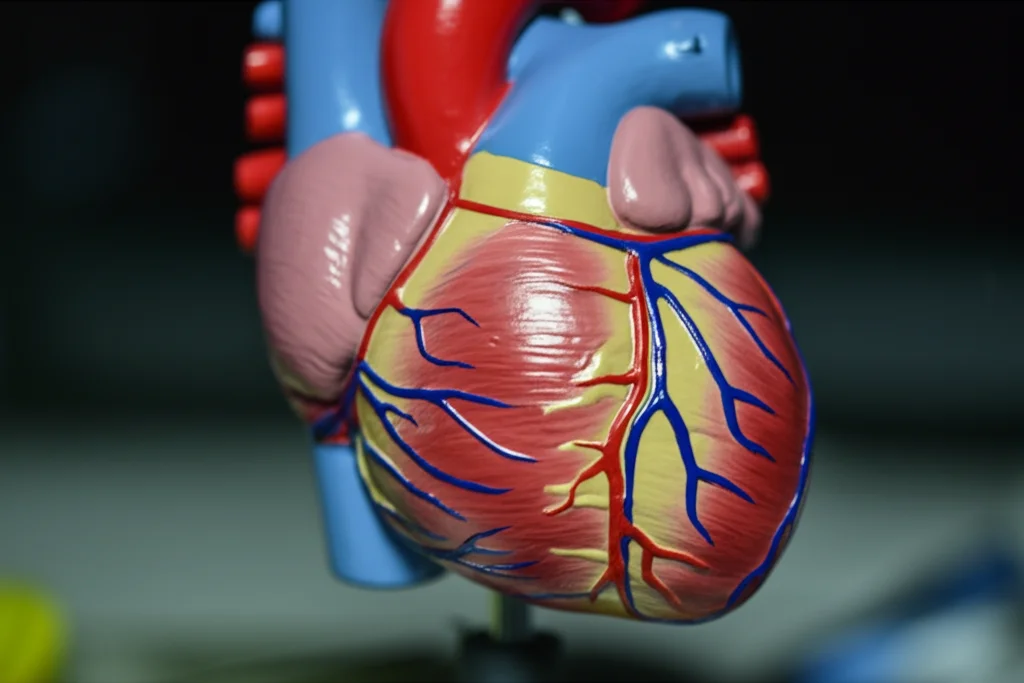 Immagine macro di un modello anatomico del cuore umano, illuminazione controllata per evidenziare il ventricolo sinistro e l'arteria coronaria discendente anteriore sinistra (LADCA), lente macro 100mm, alta definizione, focus preciso.