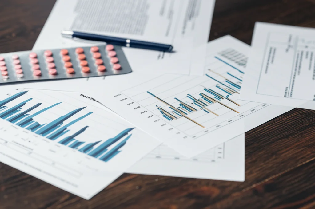 Fotografia still life, obiettivo macro 90mm, diversi grafici medici e fogli di ricerca scientifica sull'otite sparsi su un tavolo di legno scuro, alcuni leggermente fuori fuoco per dare senso di confusione, illuminazione controllata, alta definizione.