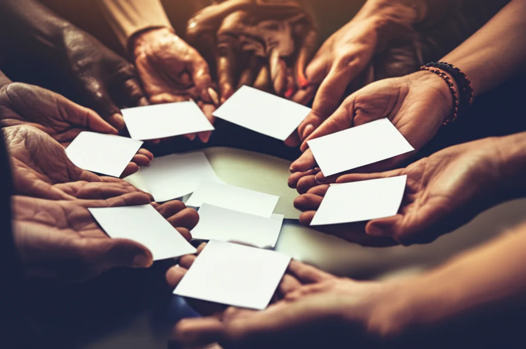 Fotografia di gruppo simbolica, obiettivo prime 35mm, diverse mani di etnie ed età differenti si incontrano al centro sopra un tavolo, alcune tengono delle piccole carte bianche (simbolo degli outcome), profondità di campo ridotta per focalizzare sulle mani, luce morbida e calda.