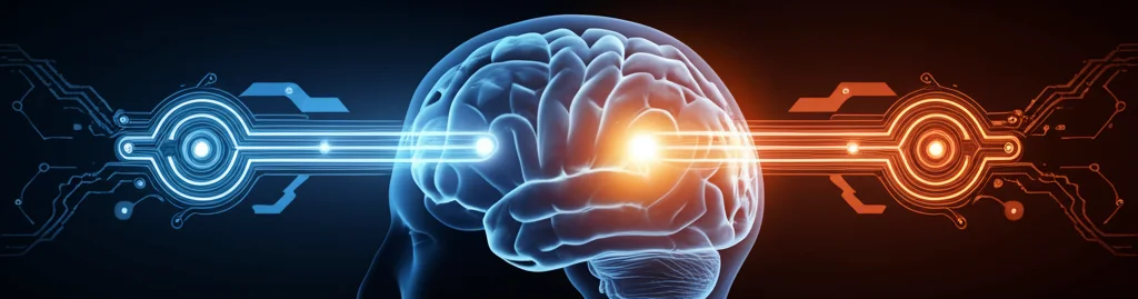 Illustrazione astratta che mostra due percorsi divergenti nel cervello umano: uno dettagliato e illuminato (via centrale), l'altro più semplice e basato su segnali luminosi superficiali (via periferica). Stile grafico moderno, colori blu e arancione duotone, profondità di campo.