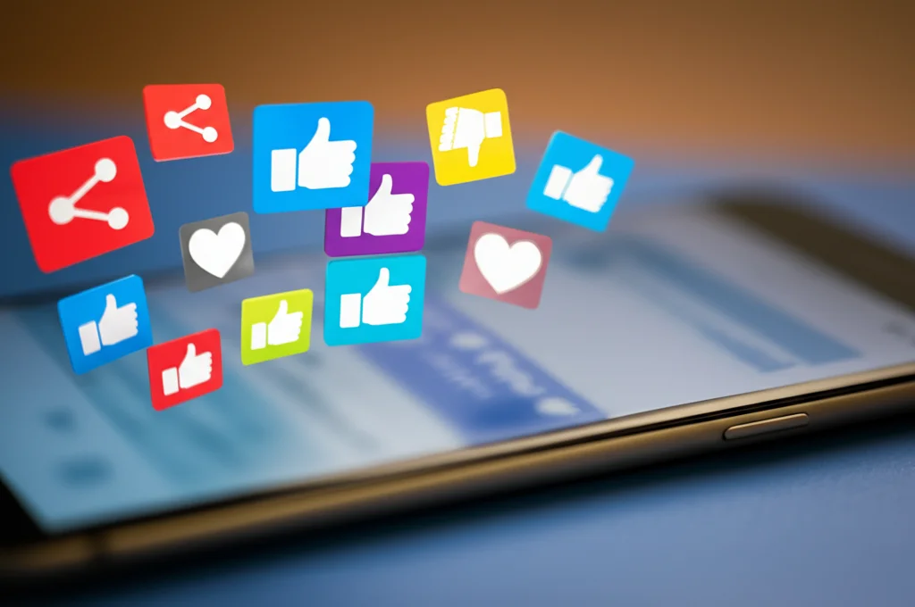 Primo piano di diverse icone social media (like, share, comment) che fluttuano intorno a un post di allerta sanitaria su uno schermo di smartphone. Obiettivo macro 100mm, alta definizione, illuminazione controllata e vibrante.