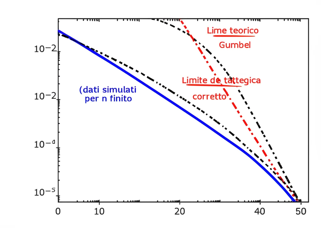 Grafico scientifico stilizzato che confronta una curva blu empirica (dati simulati per n finito) con una curva nera tratteggiata (limite teorico Gumbel) e una curva rossa puntinata (limite corretto), mostrando la migliore aderenza della curva corretta. Still life, macro lens, 100mm, high detail.