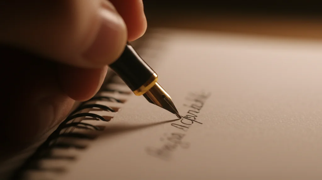 Fotografia macro, dettaglio di una penna che scrive parole evocative su un taccuino aperto, luce calda laterale che illumina la texture della carta, obiettivo macro 100mm, messa a fuoco precisa, alta definizione.