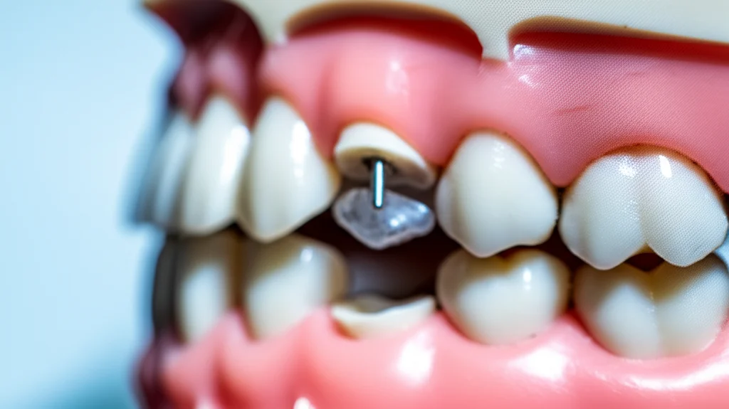 Fotografia macro di un modello dentale 3D digitale su uno schermo di computer, che mostra una malocclusione complessa con spazi tra i denti e disallineamento. Illuminazione controllata per evidenziare i dettagli, obiettivo macro 90mm, alta definizione.