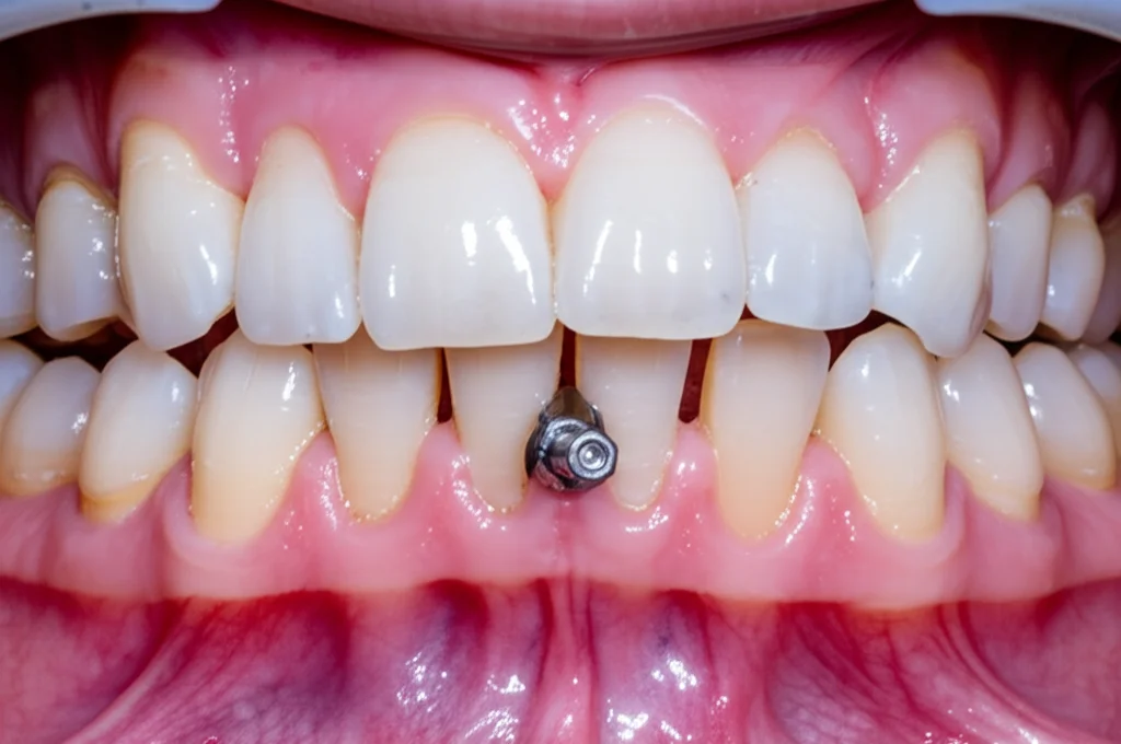 Primo piano intraorale che mostra un apparecchio ortodontico linguale su denti superiori, con una minivite visibile inserita nel palato tra i molari. Messa a fuoco precisa sulla minivite e sull'attacco linguale, obiettivo macro 100mm, illuminazione da studio dentistico.