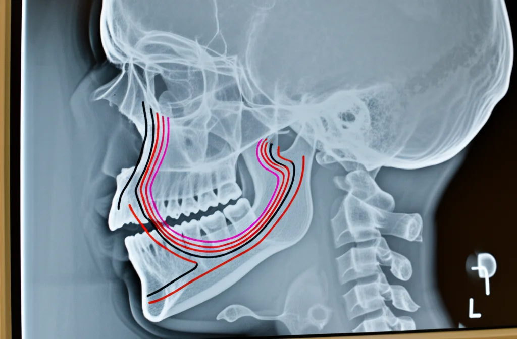 Sovrapposizione di tracciati cefalometrici pre e post-trattamento su uno sfondo neutro, visualizzati su un monitor ad alta risoluzione. Linee colorate (nero e rosso) che mostrano i cambiamenti scheletrici e dentali. Illuminazione diffusa, obiettivo standard 50mm.