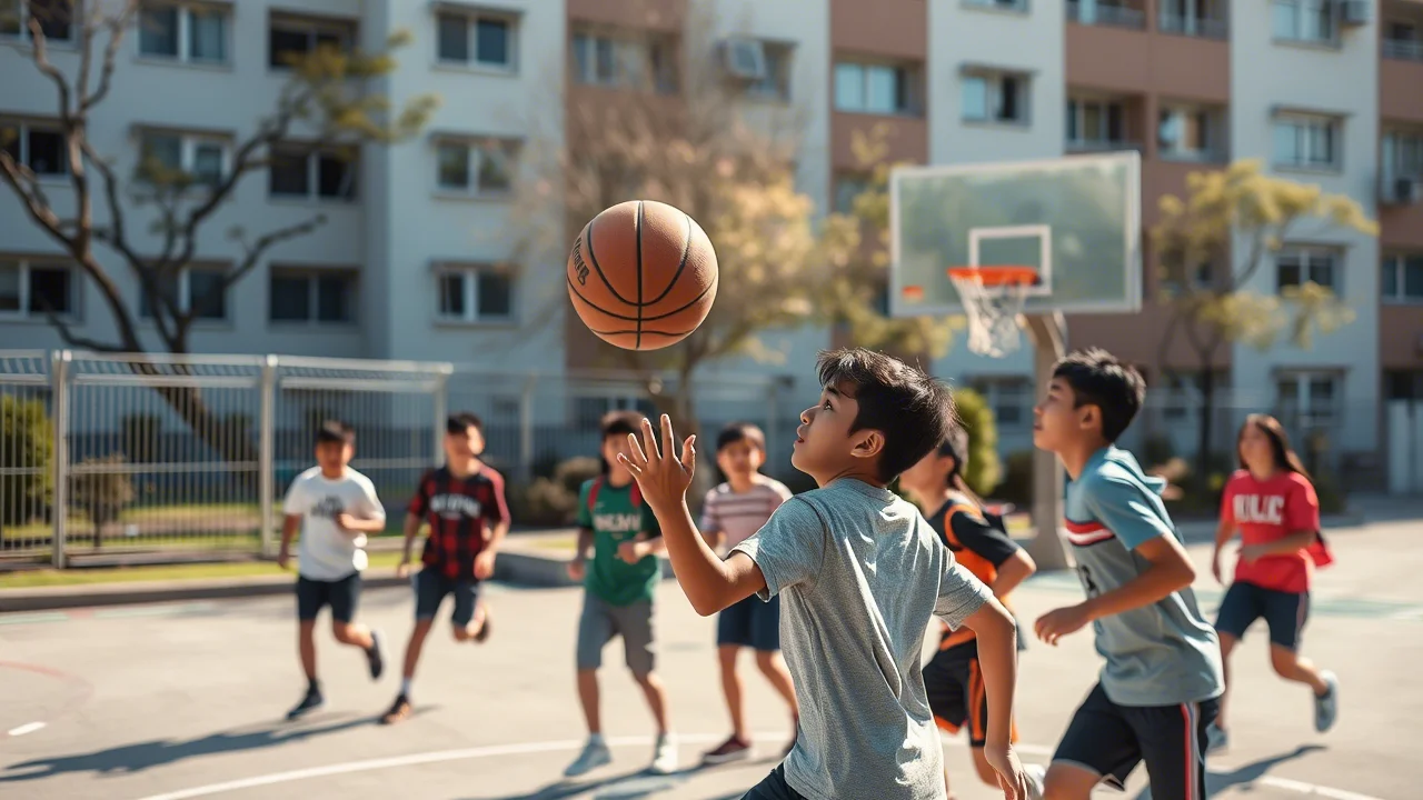 Foto sportiva con obiettivo zoom 100-400mm, cattura un gruppo eterogeneo di adolescenti cinesi (volti non riconoscibili per privacy) che giocano a basket all'aperto in un cortile scolastico, alta velocità dell'otturatore per congelare l'azione del pallone a mezz'aria, tracciamento del movimento sui giocatori, luce diurna intensa e ombre nette.