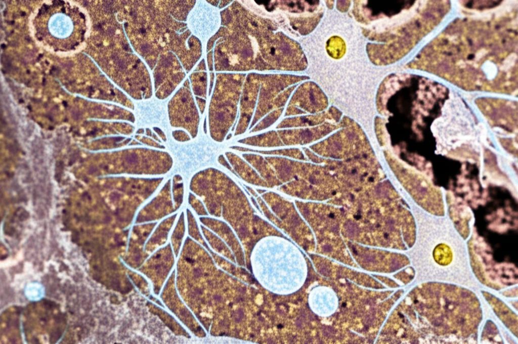 Micrografia elettronica a scansione colorata artificialmente che mostra diversi tipi di cellule cerebrali (neuroni piramidali, astrociti a forma di stella, microglia ramificata) in un campione di corteccia cerebrale di primate. Alta definizione, dettagli cellulari precisi, obiettivo macro 90mm, illuminazione da laboratorio.