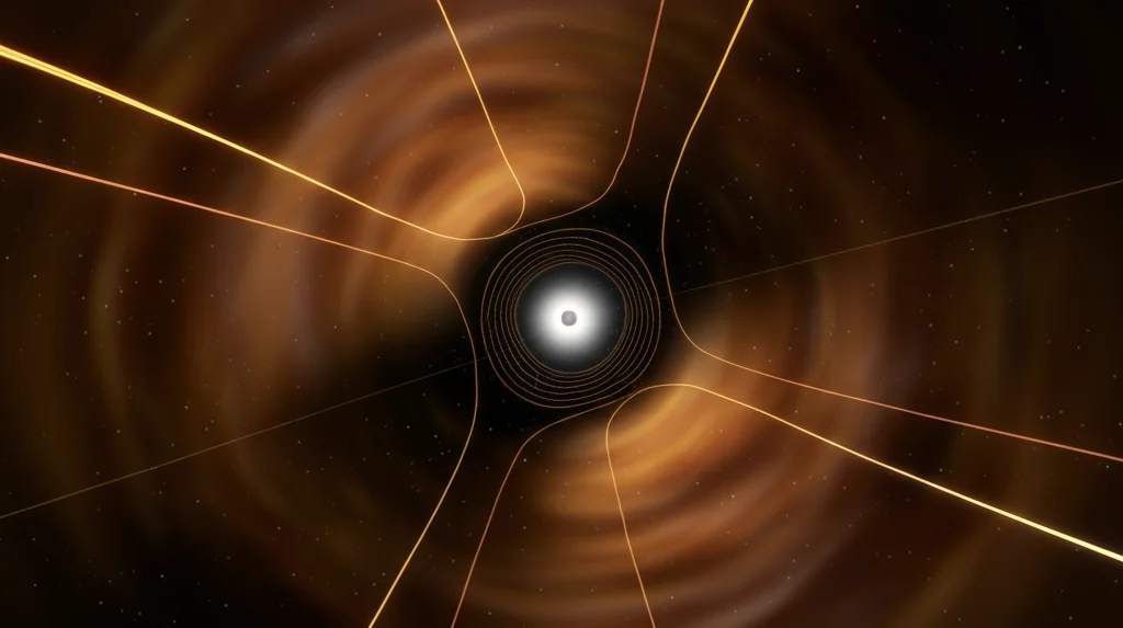 Visualizzazione artistica dello spaziotempo curvo AdS3 con un buco nero BTZ carico al centro, circondato da linee di campo rappresentanti le simmetrie U(1). Stile wide-angle 10mm, long exposure per enfatizzare la geometria cosmica e le cariche.