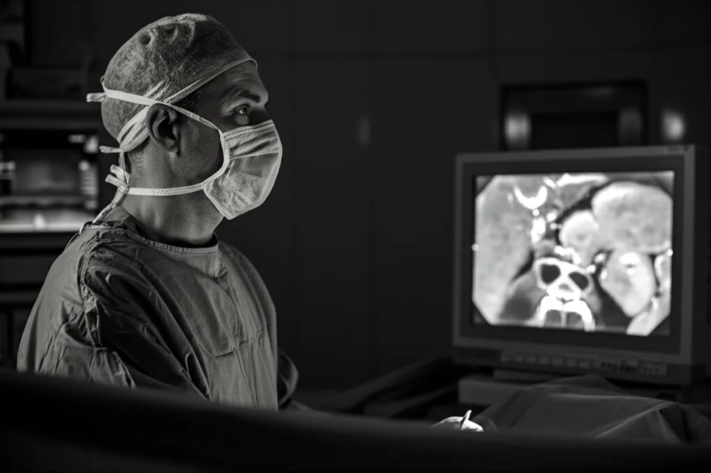 Fotografia ritratto, obiettivo 35mm, profondità di campo accentuata, stile film noir in bianco e nero, raffigurante un chirurgo concentrato che esamina una scansione epatica su uno schermo luminoso in una sala operatoria poco illuminata, simboleggiando la precisione chirurgica.