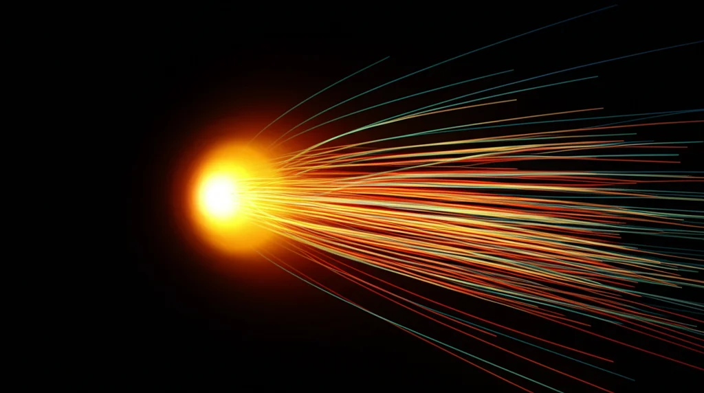 Illustrazione concettuale di un buco nero BTZ carico in AdS3 che emette particelle superextremali (stati leggeri), rappresentate come scie luminose che si allontanano. Telephoto zoom 200mm, fast shutter speed per catturare l'emissione dinamica.