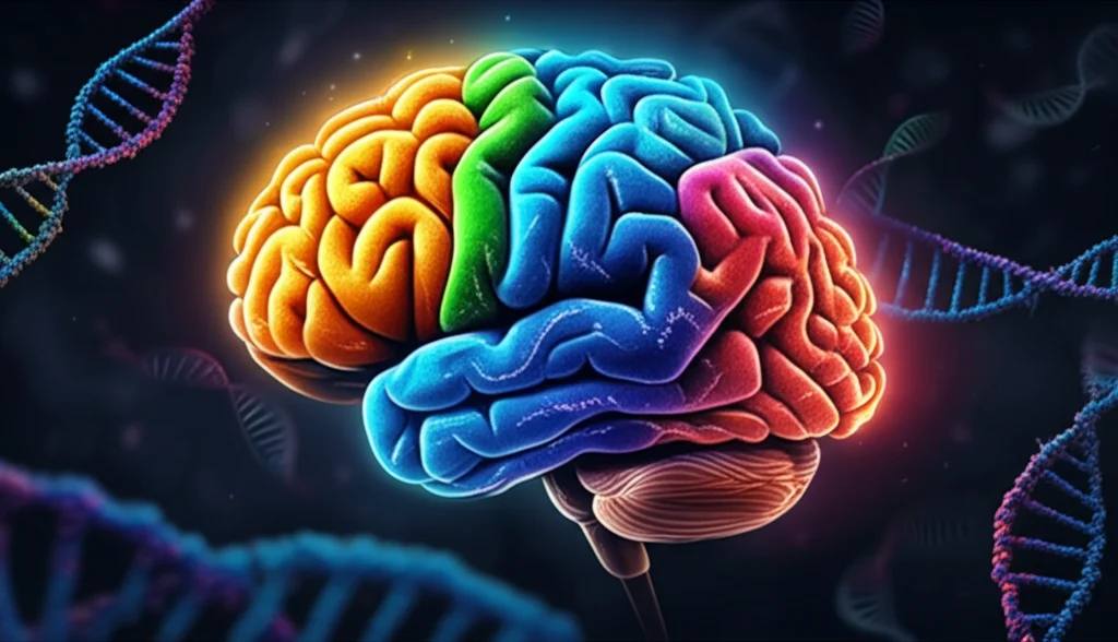 Visualizzazione 3D astratta di diverse regioni cerebrali (corteccia, talamo, cervelletto) di un primate, codificate a colori per mostrare pattern di espressione genica specifici. Dettagli molecolari stilizzati, illuminazione drammatica, focus selettivo, obiettivo grandangolare 24mm.