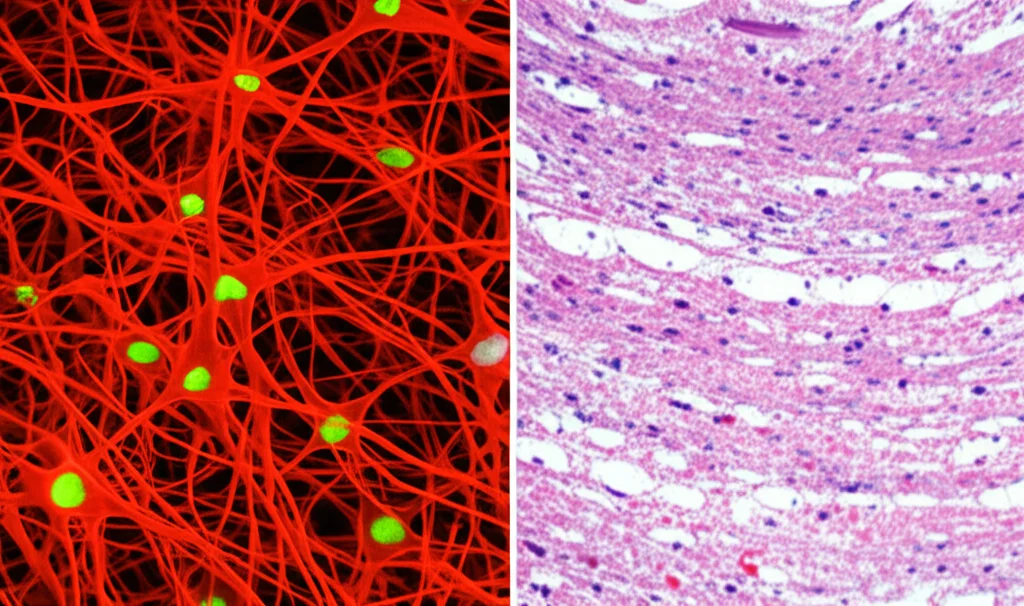 Confronto affiancato di due sezioni di cervello di primate: una giovane con neuroni vibranti e connessioni dense, l'altra anziana con segni di degenerazione, placche stilizzate e ridotta densità cellulare. Stile fotorealistico medico, obiettivo macro 70mm, illuminazione neutra, alta definizione.
