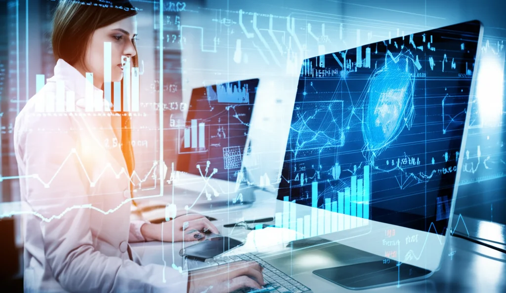 Visualizzazione astratta di reti neurali o algoritmi di machine learning sovrapposti a dati scientifici su uno schermo di computer in un ambiente di ricerca moderno. Wide-angle lens, 24mm, sharp focus, illuminazione soffusa.