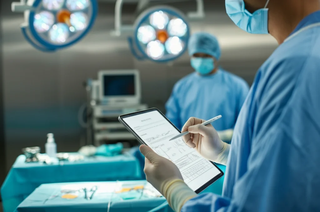 Primo piano di un chirurgo urologo che compila meticolosamente un referto operatorio elettronico su un tablet in una sala operatoria moderna, luce focalizzata sul tablet, sfondo leggermente sfocato con attrezzature mediche. Obiettivo prime 35mm, profondità di campo.