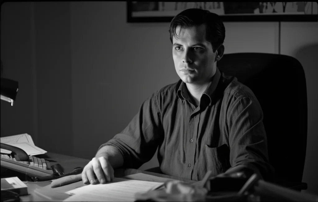 Ritratto fotografico di una persona seduta a una scrivania d'ufficio, con espressione leggermente annoiata o pensierosa, che guarda fuori campo. Stile film noir, bianco e nero, obiettivo prime 50mm, profondità di campo che sfoca leggermente lo sfondo.