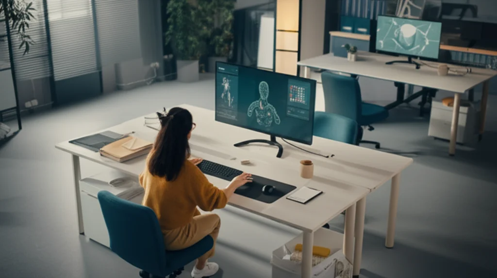 Scena di un ufficio moderno e luminoso, vista leggermente dall'alto. Una persona lavora concentrata da sola a una scrivania, mentre su un'altra postazione vuota si vede un'interfaccia AI complessa sullo schermo. Obiettivo grandangolare 24mm, messa a fuoco nitida su tutta la scena, luce naturale diffusa.