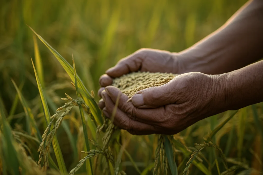 Immagine fotorealistica di mani segnate dal lavoro agricolo che reggono pochi chicchi di riso in un campo cinese al tramonto, obiettivo macro 90mm, alta definizione, illuminazione calda e controllata che enfatizza la texture della pelle e dei chicchi, sfondo leggermente sfocato.