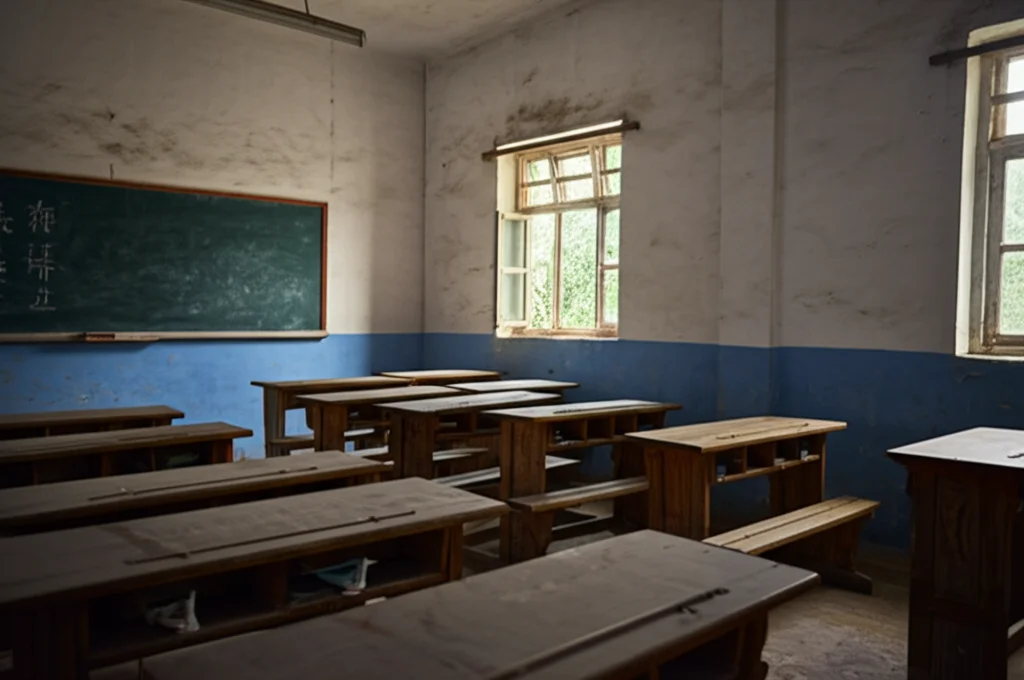 Scatto grandangolare 20mm di un'aula scolastica rurale vuota in Cina, luce fioca pomeridiana che entra dalla finestra, banchi di legno un po' rovinati, lavagna polverosa, atmosfera silenziosa e un po' malinconica, messa a fuoco nitida su tutta la scena.