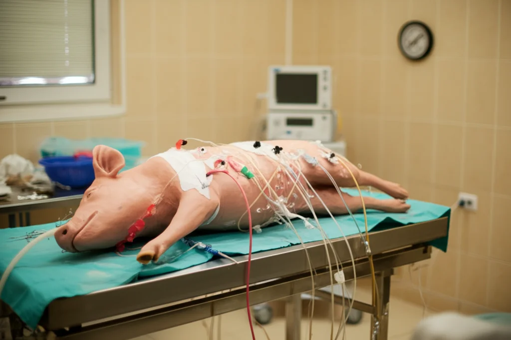 Fotografia di un laboratorio di ricerca con strumentazione per monitoraggio fisiologico (ECG, pressione) collegata a un modello animale (maiale) anestetizzato su un lettino operatorio in un ambiente che simula condizioni desertiche (luce calda, igrometro visibile), obiettivo prime 35mm, profondità di campo che sfoca leggermente lo sfondo.