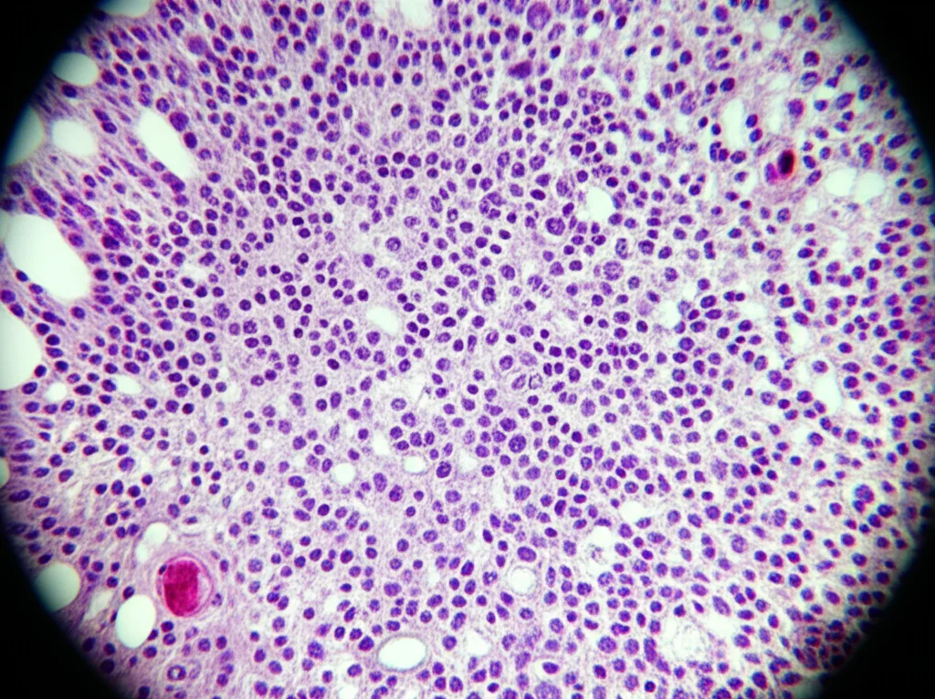 Micrografia elettronica ad alta risoluzione di cellule tubulari renali di maiale che mostrano chiari segni di danno e infiammazione: mitocondri gonfi, reticolo endoplasmatico dilatato e presenza di lisosomi. Obiettivo macro 105mm, alta definizione, illuminazione specifica per evidenziare le strutture subcellulari.