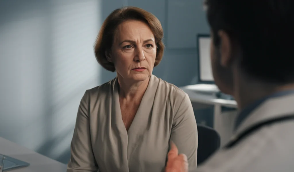 Ritratto di una donna di mezza età (circa 55 anni) con espressione preoccupata ma composta, seduta in uno studio medico luminoso, luce naturale laterale, profondità di campo ridotta, obiettivo 35mm, duotone blu e grigio, per rappresentare la paziente che discute dei sintomi con il medico.