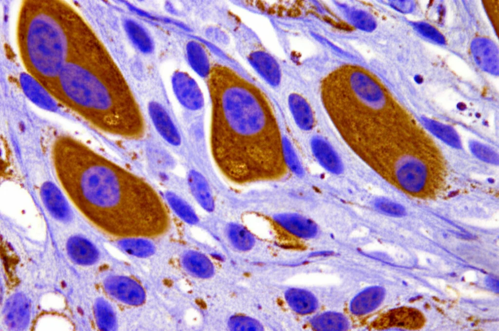 Fotomicrografia di tessuto renale con colorazione immunoistochimica marrone che evidenzia l'espressione della proteina Caspase-3 (indicatore di apoptosi) in cellule tubulari selezionate, contrastata dalla colorazione blu dell'ematossilina per i nuclei delle altre cellule. Obiettivo da microscopio 40x, alta risoluzione, illuminazione chiara e uniforme.