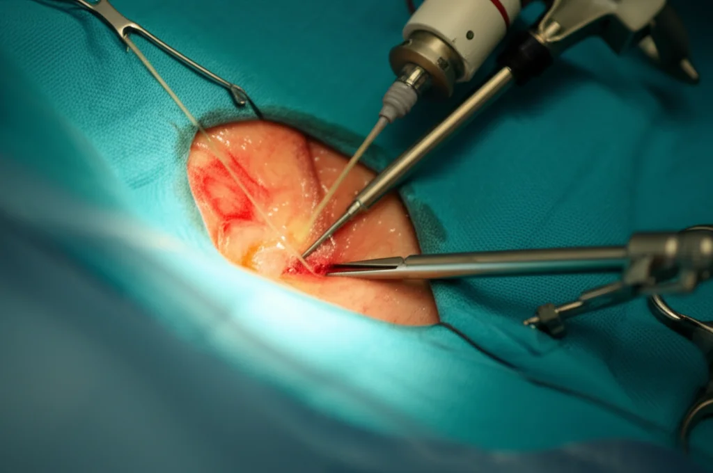 Vista ravvicinata di strumenti chirurgici endoscopici con una fibra laser attiva in un ambiente simulato di sala operatoria, luce focalizzata sugli strumenti, dettagli precisi, obiettivo macro 60mm, per simboleggiare l'intervento di rimozione dello sling e la tecnologia laser usata per le calcificazioni.