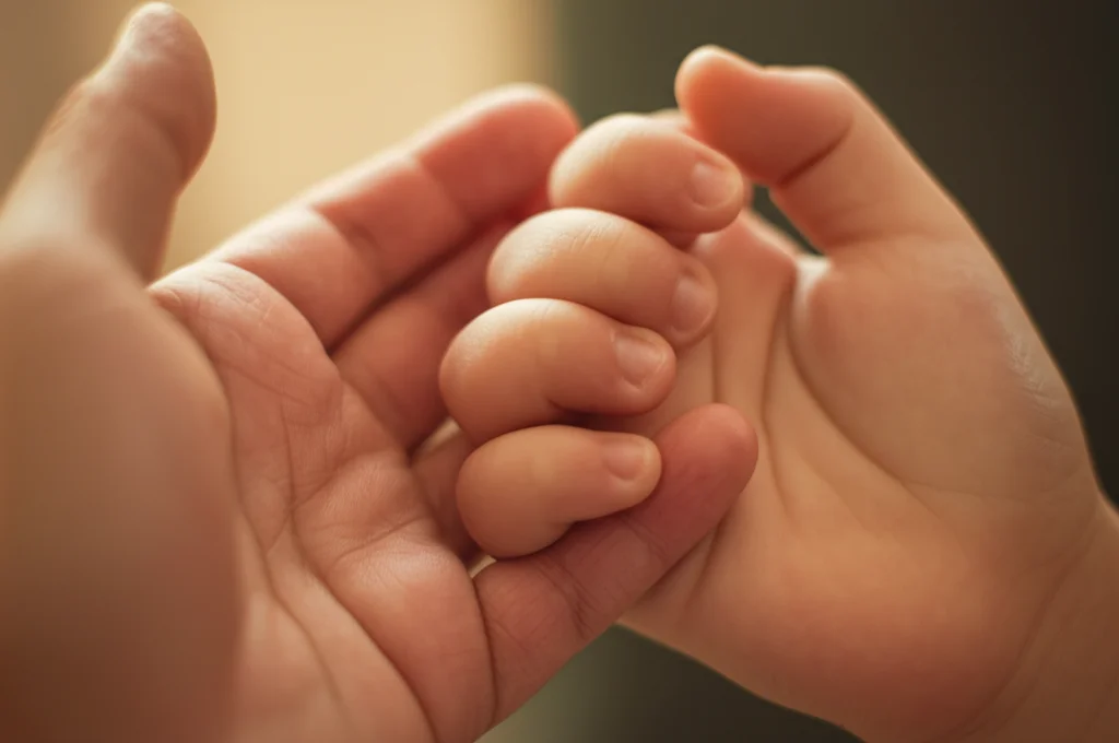 Scatto macro di due mani, una adulta e una di bambino, che si tengono strette, obiettivo macro 90mm, messa a fuoco precisa sulle mani, illuminazione calda e controllata, alto dettaglio.