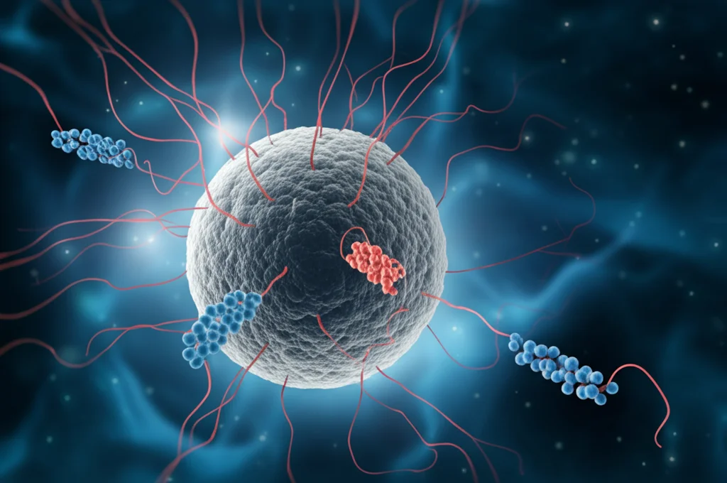 Illustrazione concettuale di peptidi antimicrobici sintetici (strutture a elica colorate blu e rosse) che attaccano e perforano la membrana di una cellula batterica (sfera grigia porosa), rilasciando il contenuto interno. Sfondo astratto blu scuro con effetti luminosi che simboleggiano l'ambiente biologico, stile fotorealistico, alta risoluzione, illuminazione drammatica.