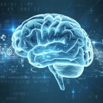 Illustrazione concettuale di un cervello digitale stilizzato connesso a flussi di dati testuali medici luminosi, simboleggiando l'intelligenza artificiale (BERT e GAN) che analizza e classifica informazioni cliniche, obiettivo prime 50mm, profondità di campo, colori duotone blu elettrico e bianco, sfondo high-tech astratto.